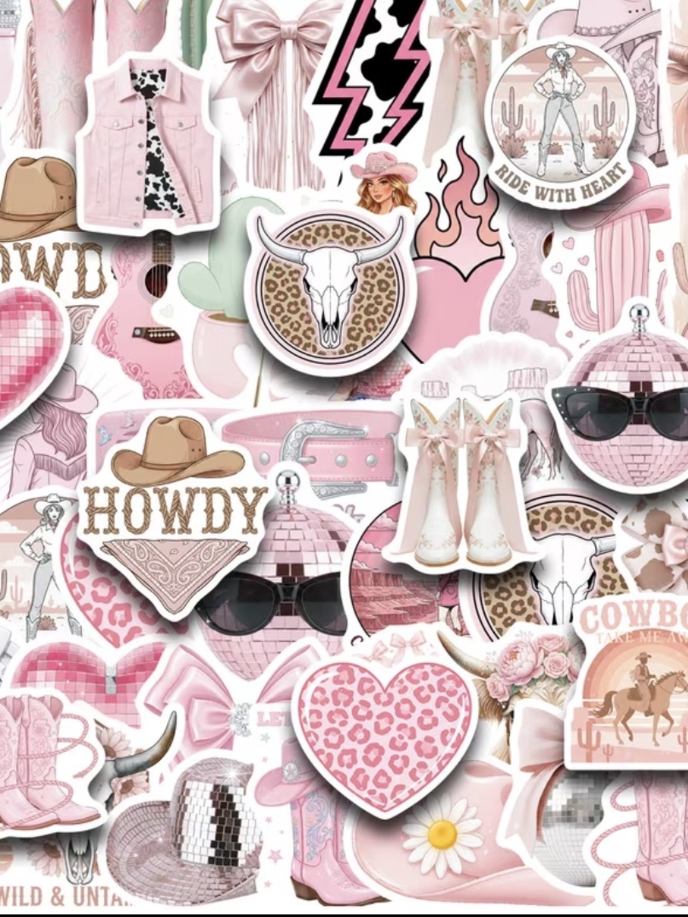 50 Pink Disco Cowgirl Stickers | Western Coquette Collection
